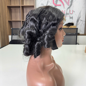 Prix de gros 100% brut vierge vietnamien humain dentelle courte perruque trame bouncy curl couleur noire Super Double Drawn Extensions de cheveux - Product Image 2