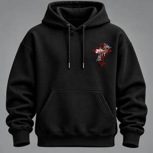 Sudadera con Capucha para Hombre, Negra, 100% Algodón, Invierno, con Bolsillo Frontal y Estampado de Cruz Gótica, 350g, Forro Polar, Servicio OEM - Product Image 1