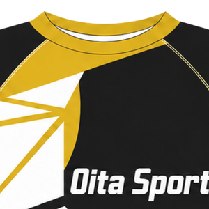 Maillot de compression athlétique à manches courtes noir, doré, jaune et blanc, col ras du cou, motif géométrique, pour entraînement de performance et sports de rame - Product Image 3
