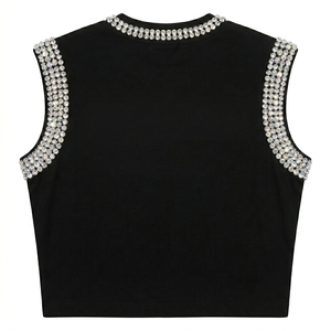 เสื้อครอปท็อปผู้หญิงปักโลโก้เพชร ประดับคริสตัล แขนกุด สีดำ คอเสื้อประดับหมุด แต่งแขนระยิบระยับ สไตล์ Y2K เสื้อครอปสำหรับงานปาร์ตี้ สตรีทแวร์ - Product Image 2