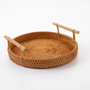 Natural wooden <b>trays</b> rattan <b>storage</b> <b>tray</b> with handles decorative organizers for home kitchen bedroom - Product Image 6