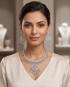 Ensemble collier et boucles d'oreilles élégants en zircon cubique vert menthe, style Art Déco, bijoux de mariée indiens, pour femmes, idéal pour les soirées. - Product Image 1