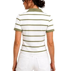 Polo rayé blanc et vert olive pour femme, manches courtes, col rabattu, coupe ajustée, haut décontracté d'été, vente en gros personnalisée - Product Image 2