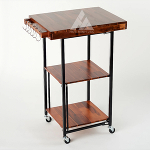 Solid Acacia <b>Wood</b> Multi-Function Kitchen Cart with Top & <b>Shelves</b> Modern Double Handle Bar for Living Room Bedroom Outdoor Use - Product Image 5