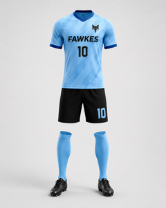Ensemble de maillot de football Fawkes pour homme, bleu clair, short noir, imprimé numérique, évacuation de l'humidité, respirant, 100% polyester, coupe athlétique, toutes tailles - Product Image 1