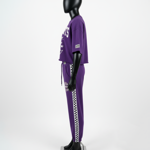 Ensemble haut court et pantalon de jogging en molleton de coton et polyester 320 GSM de haute qualité, violet, avec logo sur panneau latéral contrastant, pour femme - Product Image 6