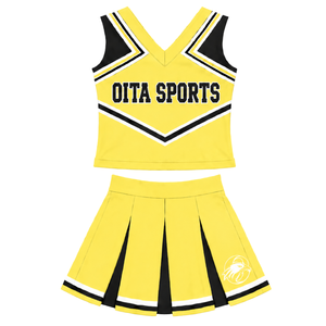 Ensemble d'uniforme de cheerleading jaune, noir et blanc, avec crop top sans manches à col en V et jupe plissée, pour spectacle de danse et équipe de cheerleading - Product Image 1
