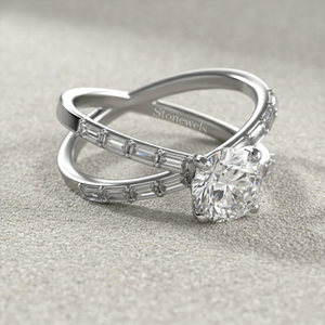 Stonewels Blossom Vintage-Style Lab Grown Diamond Engagement <b>Ring</b> Criss Cross <b>Split</b> Shank Baguette Side Stones 14K Gold for - Product Image 2