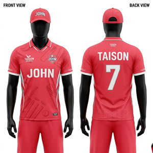 Maillot de cricket pour homme, durable, tissu polyester 165 GSM à séchage rapide, couleur rouge avec empiècements latéraux, impression par sublimation, design de logo personnalisé - Product Image 1