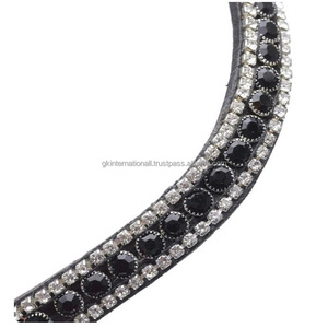 Bracelet de sourcil de bride en cuir véritable 100% sur mesure avec 3 rangées de cristaux d'argent mega bling strass chaîne en métal - Product Image 6