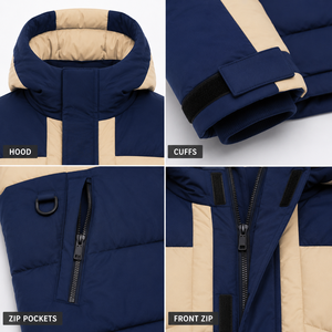 Chaqueta Acolchada con Capucha Cortavientos para Hombre, Abrigo de Invierno Aislado con Bloques de Color, Logotipo Personalizado Bordado, Parche Tejido - Product Image 4