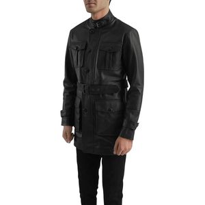 <b>Men's</b> Black Leather Jacket Stand Collar Button Front 4 Pockets <b>Belt</b> Moto Biker Windproof Coat Autumn - Product Image 3