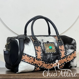 Genuine Hand Tooled Cowhide <b>Leather</b> Duffel <b>Bags</b> Stylish Floral & Turquoise Concho Details Travel weekender Luggage <b>Duffle</b> <b>Bag</b> - Product Image 1