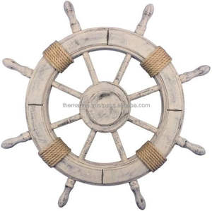 Roue de bateau en bois de style nautique vintage de 24 pouces Décoration murale et intérieure Belle conception suspendue avec corde et idées de sculpture peintes - Product Image 1