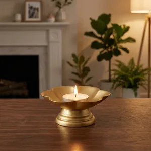 Gold Finish Metal Flower Shape <b>Tea</b> <b>Light</b> <b>Candle</b> <b>Holder</b> Decorative <b>Candle</b> Stand for Home Décor Tabletop Centerpiece Living Room - Product Image 4