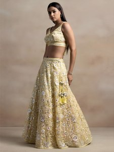 2026 Traditional Luxury Yellow Floral Embroidered Floor-Length Lehenga Choli Set Net Dupatta for Winter/Spring <b>Bridal</b> Wedding - Product Image 3