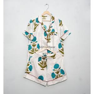 Conjunto de Pijama Corto de Lujo 100% Algodón para Mujer, Estampado a Bloques, Transpirable, Suave y Cómodo, Ropa de Dormir de Verano, Camiseta de Punto para Descansar - Product Image 6