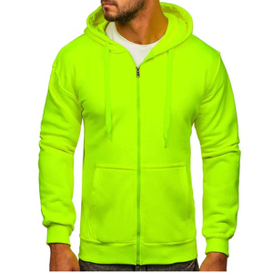 Sweat-shirt à capuche zippé vert fluo pour homme, coupe classique, en molleton, décontracté, pour l'automne, couleur unie, tissu tricoté - Product Image 5