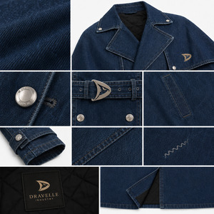 Abrigo de Mezclilla Cruzado Tipo Capa con Logo Personalizado, Gabardina Larga Unisex, Prenda Exterior Premium en Lavado Oscuro - Product Image 4