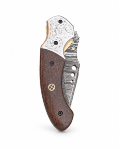 Burraq DIY OEM Custom Handmade Damascus Steel Pocket Knife with Wood Handle & Leather Sheath for Gifts & Outdoor Use - Product Image 4
