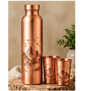 <b>Vintage</b> Engraved Copper Water <b>Bottle</b> with Lid and Matching Cup Portable Flask Drinkware Set - Product Image 3