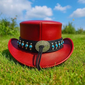 Wholesales Custom made Handmade <b>Red</b> Leather Cowboy <b>Top</b> <b>Hat</b> Turquoise Studded Western Gothic Cross Biker <b>Hat</b> - Product Image 3