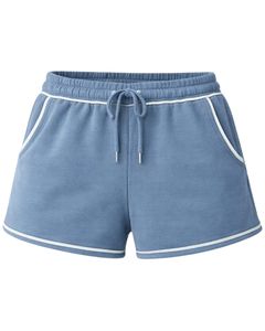 Shorts en molleton de coton personnalisés pour femme, bleu poussière avec contraste blanc, taille élastique, décontractés, pour l'été, le sport et la détente - Product Image 1