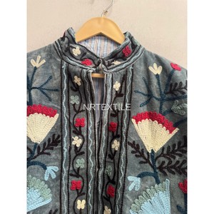 Women's <b>Corduroy</b> Mandarin Collar <b>Jacket</b> Hand Embroidered Floral Vine Pattern Autumn Cotton Lined Coat - Product Image 5
