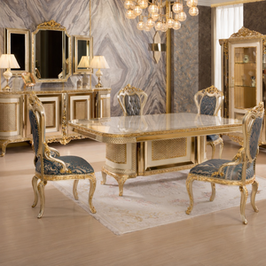 Imperial Gold Leaf Hand-Carved Dining Room <b>Table</b> Set 8 Piece Dining Set with Gold Carved Wood <b>Table</b> and Blue Upholstered Chairs - Product Image 5