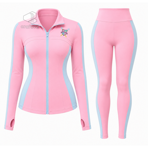 Gamma Phi Delta Women's <b>Pink</b> Workout Set With Light Blue Contrast Side Panels Full Zip Jacket High Waist <b>Leggings</b> Activewear Set - Product Image 1