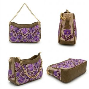 Bolso de Hombro con Bordado Kashmiri, Color Beige con Diseño de Ramo de Margaritas Rosa y Verde Oliva Cálido - Product Image 4