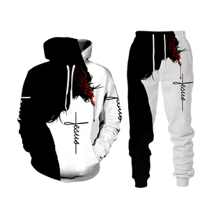 Men's Sublimation <b>Tracksuit</b> Hooded Full Length Printed Casual Wear With Wings And Cross Design <b>White</b> Polyester Breathable - Product Image 3