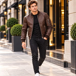 High Quality <b>Mens</b> Dark <b>Brown</b> Embossed Cow <b>Leather</b> Stand Bomber <b>Jacket</b> Custom Wholesale Outerwear Autumn Best Silk Lining - Product Image 2