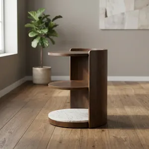 <b>Modern</b> Round Wood Side Table with Marble Base and Storage <b>Shelf</b> Living Room Furniture with charging socket - Product Image 2