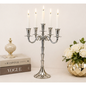 Candélabre en métal exclusif à 5 bras, porte-bougie argenté, centre de table pour mariage, fête et décoration d'événements, vente en gros - Product Image 4