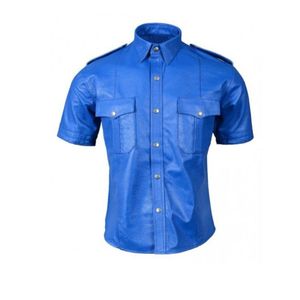 เสื้อเชิ้ตทำงานแขนสั้นสีน้ำเงินสำหรับผู้ชาย สีพื้น ปกคอพับ ปิดด้วยกระดุมด้านหน้า ผ้าซาติน เหมาะสำหรับใส่ในฤดูร้อน - Product Image 1