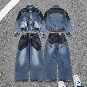 Ensemble deux pièces unisexe en denim de coton style Wasteland, coupe plissée color-block, col rabattu, poids moyen, coupe incurvée - Product Image 4