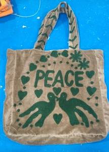 Wholesale Custom Handmade Brown Velvet Tote <b>Bag</b> Featuring Dark Green PEACE Lettering Doves Hearts and Floral Applique Embroidery - Product Image 4