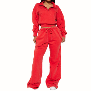 Women's Red Plus Size Tracksuit Set Half-<b>Zip</b> Crop Top Wide Leg Sweatpants Solid Color Casual Loose Fit Autumn Wear - Product Image 1