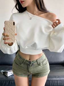 Sudadera Corta de Algodón con Hombros Descubiertos y Pedrería para Mujer, Estilo 2026, de Felpa, de Moda, Premium, de Alto Gramaje - Product Image 4