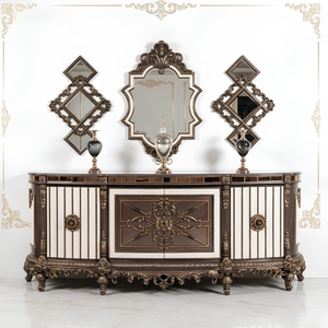 High End Dark <b>Brown</b> Wood Luxury European Dining Room Set Hand Carved Oval Dining <b>Table</b> with Buffet Glass Wine Cabinet - Product Image 5