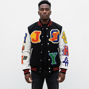 Custom Men's Black Wool Varsity Jacket Leather Sleeve Fire Society California Patch Streetwear Baseball Letterman Jacket Winter - Product Image 2