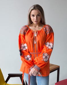 Chemisier décontracté pour femme à col en V et manches mi-longues, 100 % coton popeline tissé, orange, élégant pour le quotidien - Product Image 1