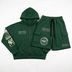Ensemble de survêtement décontracté personnalisé en coton épais 100 % avec impression sérigraphiée, sweat à capuche zippé orné de strass et short à cordon de serrage, deux pièces délavées à l'acide pour homme - Product Image 2