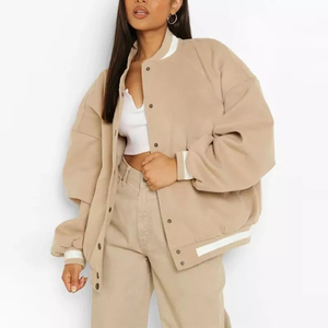 Unisex Beige Leather Varsity Jacket White Trim Stand Collar <b>Button</b> Closure Casual Winter Outerwear Loose Fit Regular Sleeve - Product Image 5