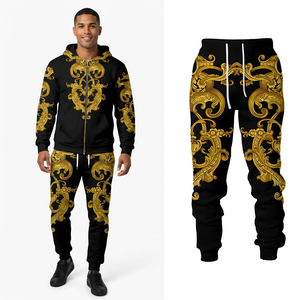 Ensemble de survêtement unisexe noir et or imprimé, sweat à capuche zippé et pantalon de jogging, tenue décontractée d'automne, coupe classique, 100 % polyester, impression par sublimation - Product Image 5