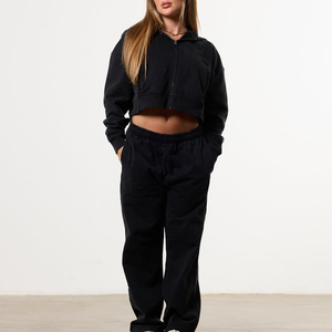Women's Oversized Black <b>Zip</b>-<b>Up</b> <b>Cropped</b> Sweatshirt Regular Sleeve Knitted Solid Color Breathable Autumn Casual Workout Top - Product Image 5