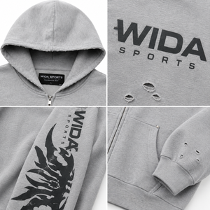 Custom 400 GSM Grey Enzyme Washed Full Zip Distressed Streetwear Hoodie With Screen Printed Sleeve Graphics - Product Image 5