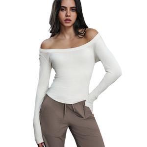 Women's <b>off</b> <b>Shoulder</b> <b>Long</b> <b>Sleeve</b> Slim Fit Breathable Yoga <b>Top</b> with Front Custom Logo Casual Fashion Stretch T-Shirt New Arrival - Product Image 6
