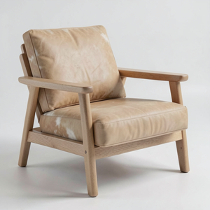 Fauteuil lounge moderne en bois massif avec revêtement en cuir de vachette véritable, fauteuil de qualité supérieure pour salon, hôtel, villa - Product Image 1
